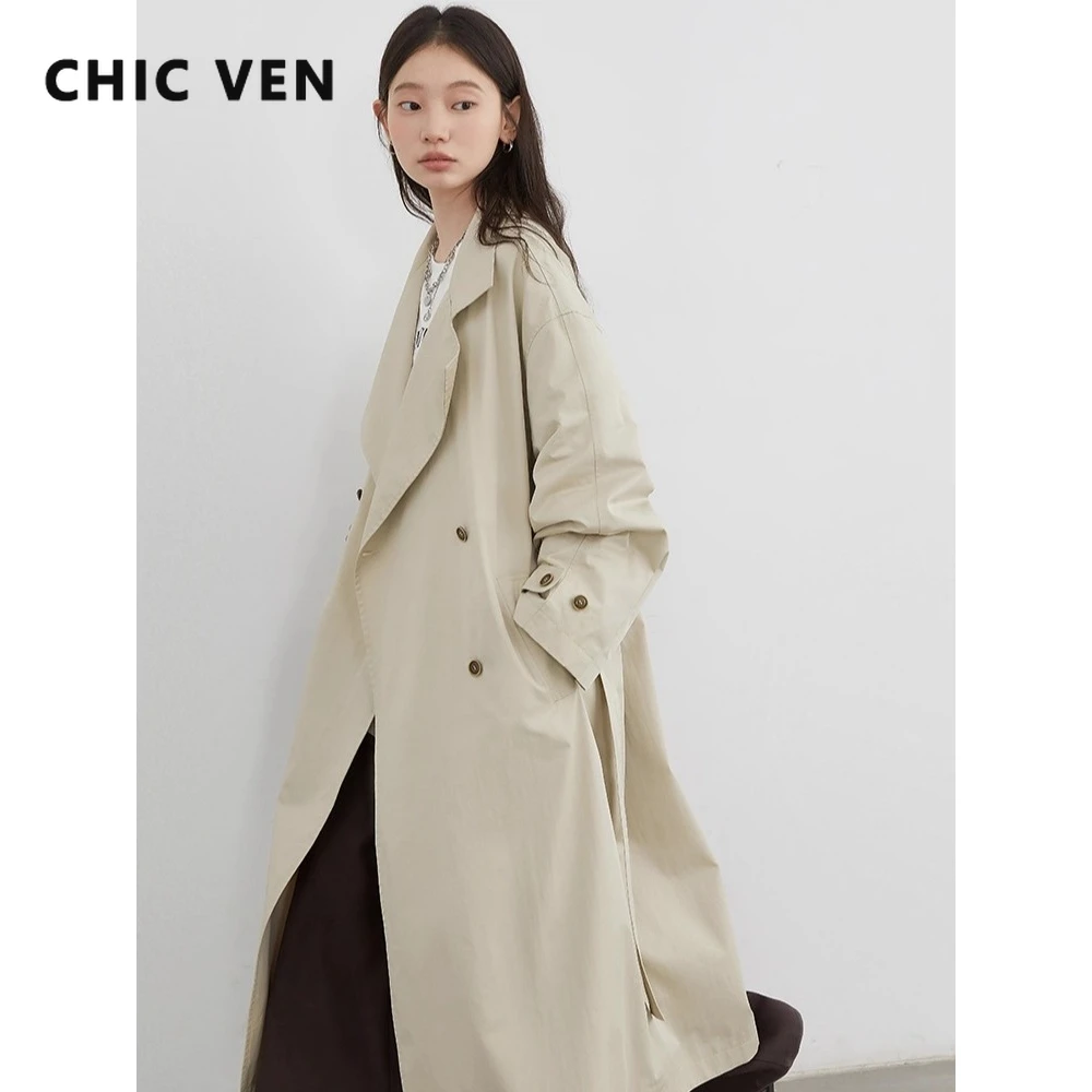 

CHIC VEN модный женский длинный плащ с однотонным поясом, свободная повседневная ветровка, двубортное женское пальто, весна-осень 2025