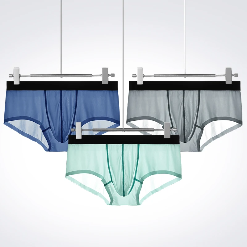 3 قطع ملابس داخلية للرجال: سراويل داخلية صيفية رفيعة للغاية من الحرير الجليدي بدون خياطة للرجال، شورت شفاف للرجال