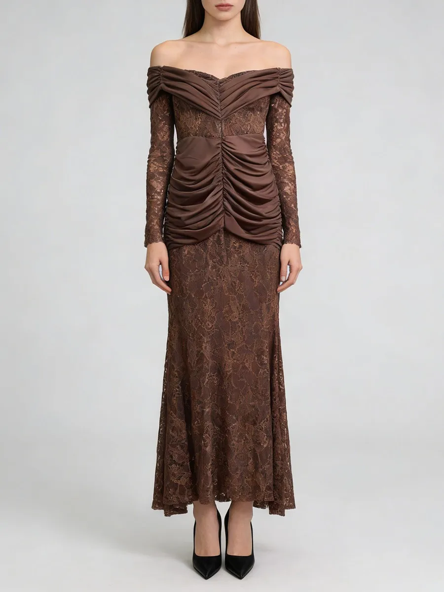 เดรสลูกไม้ซีทรูทรงเข้ารูปเซ็กซี่ TWOTWINSTYLE สำหรับผู้หญิง คอวี แขนยาว แต่งผ้าต่อกัน จับจีบ แฟชั่นใหม่