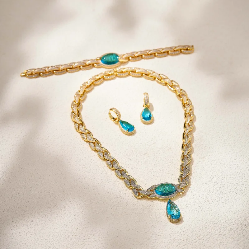 

Designer Collection Style Earrings Bracelet Necklace Women Lady Inlay Light Navy Blue Drop-shaped Oval Cubic Zircon Jewelry Sets