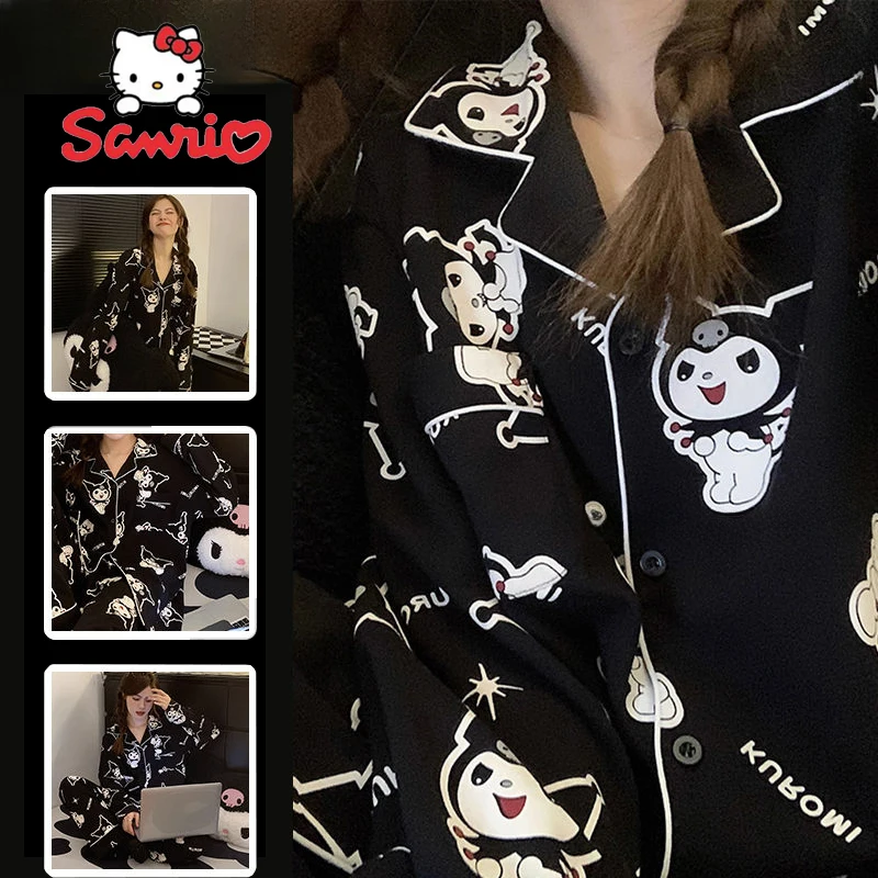 2pcs/set Sanrio Kuromi Women\'s Pajamas Cute Cartoon Couple Pajamas Y2K Women Fashion Home Clothes Spring Long Cardigan Sleepwear