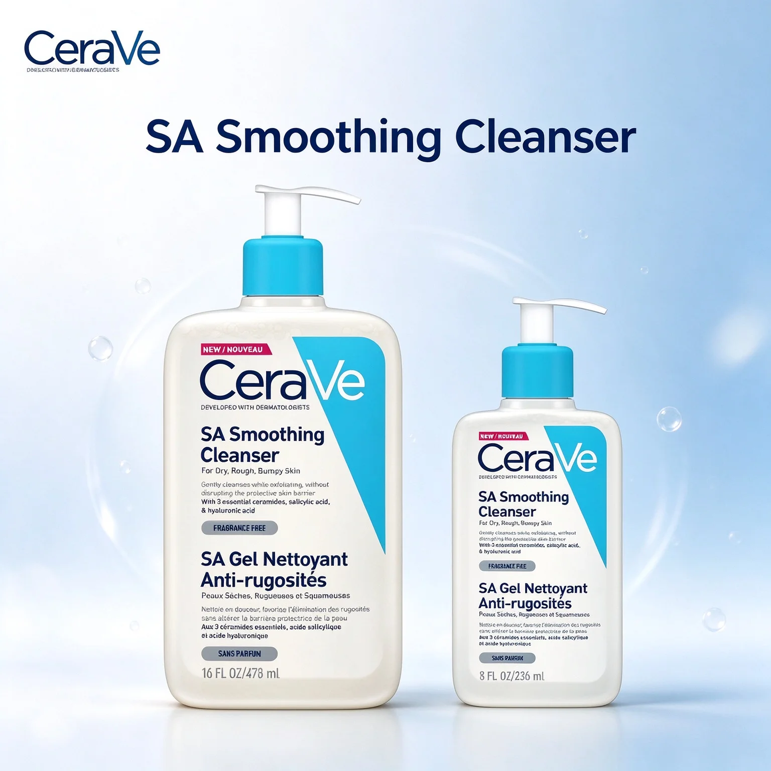 CeraVe SA Smoothing Cleanser 8oz/16oz(236ml/473ml) SA Gel Nettoyant Anti-rugosités For Dry, Rough, Bumpy Skin