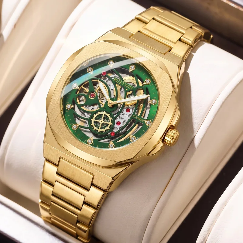 Men's Watch Fashion Hollow Out Steel Strap Luxury Male Wristwatch Butterfly Clasp Transparent Case Back Precise Quartz Movement