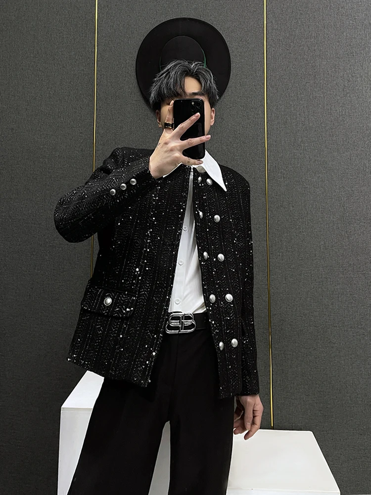 Fashionable Jacket Men's Winter High-End Short Double-Breasted Collarless Wide-Shoulder Jacket Men's Sequined Temperament Top