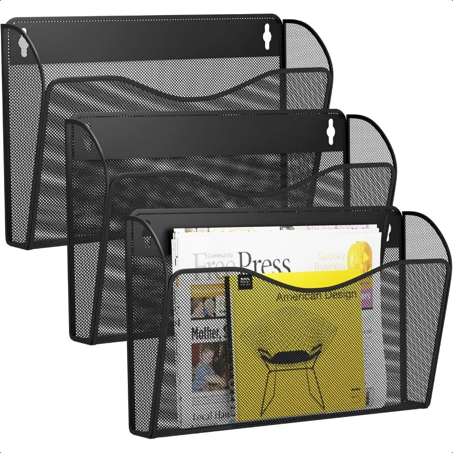 

3 Single Pocket Wall File Holder Mesh Hanging File Folder Paper Organizer Vertical Wall Mounted Mail Basket Storage Organizatio
