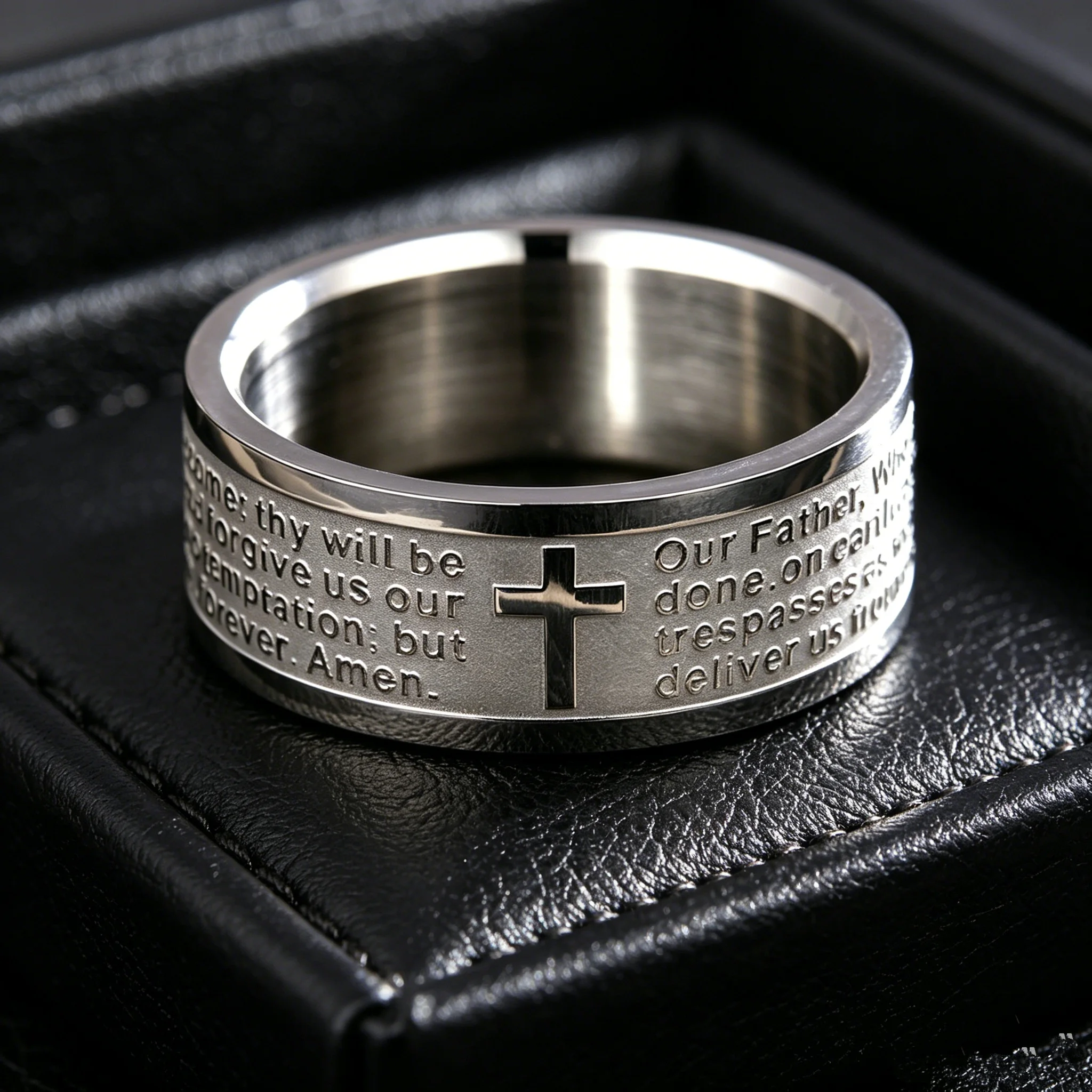 Stainless Steel Lord's Prayer Ring Engraved Cross Bible Verse Band Men Women Christian Religious Faith Jewelry