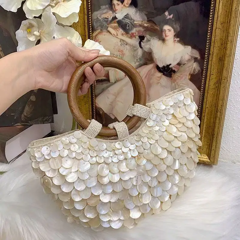 Pearl Applique Bag Spring New Handmade Natural Shell Beaded Small Top Handle Tote Handbag For Woman Beige Wedding Party Bags