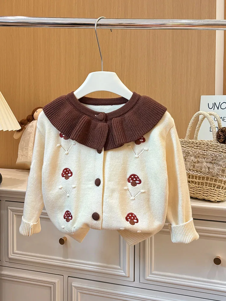 

Kids Girls Doll Collar Sweater Cardigan Cartoon Mushroom Embroidered Thicked Sweaters Autumn Girls Soft Knitted Warm Coats