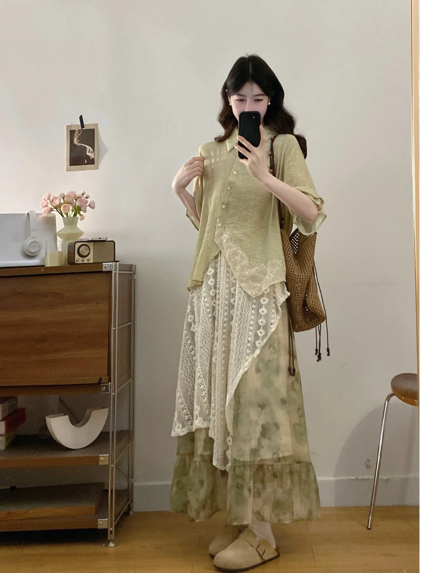 

plus Size Women's Vintage Patchwork Short Sleeve Shirt And High Waist Floral Half Skirt Two Piece Set Summer New Style Korean...