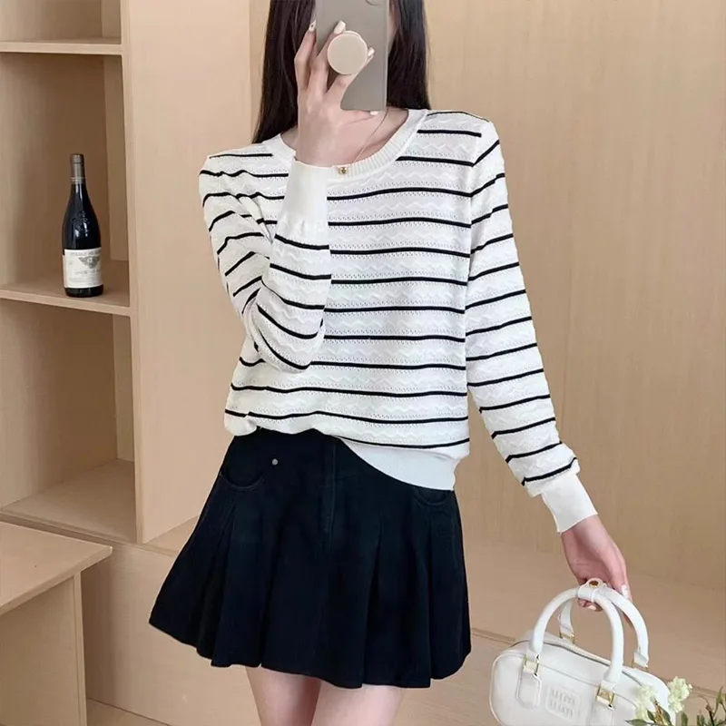 Autumn Elegant Rainbow Striped Knit Pullovers Women Clothing Casual Fashion Loose O-neck Long Sleeve Tops All-match Casual Tees