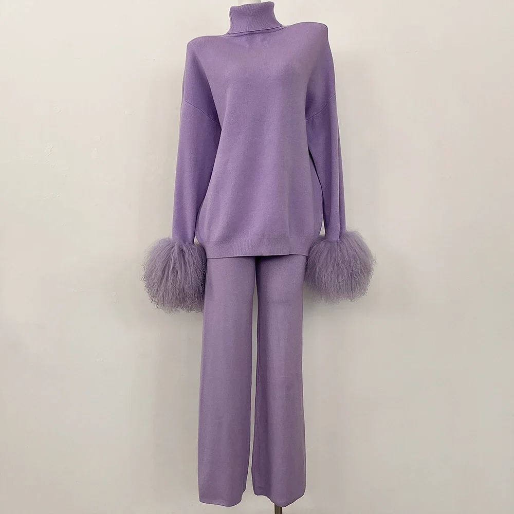 ニットウェア レディース ウール＆ブレンド ニットプルオーバー＆パンツ 本物のモンゴル産羊毛ファー袖口 セーターセット 本物の毛皮ニットスーツ 2025年新作