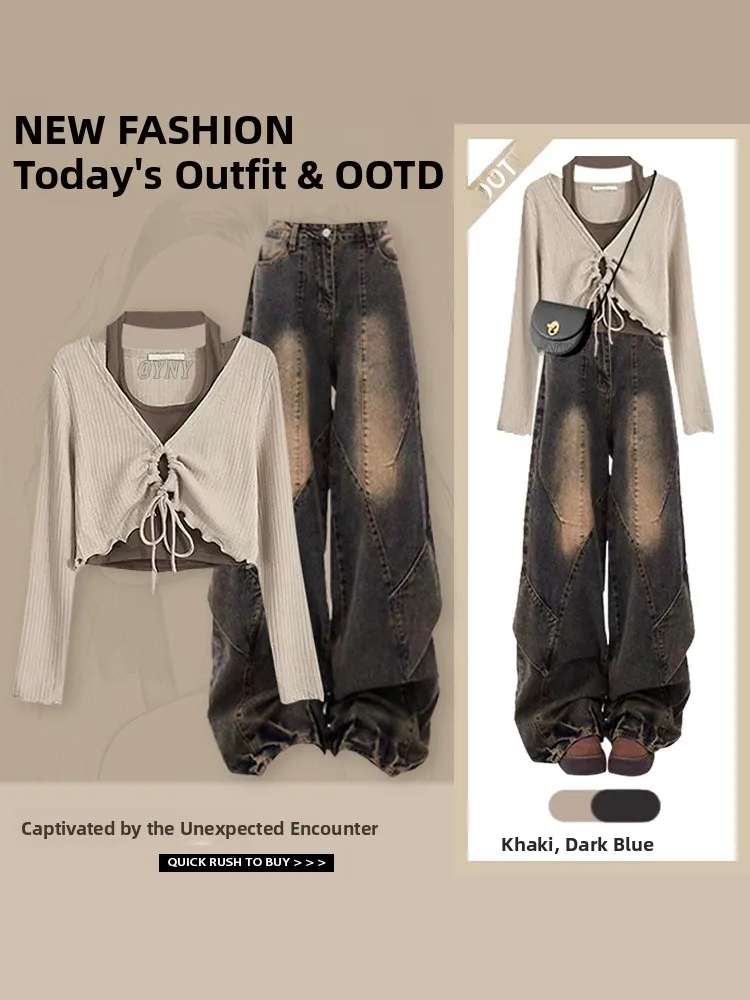 

Salt Series Early Autumn Faion Set Fake Two-Piece Denim Vintage Design Sense Long Sve V-Ne Polyester Fiber Long Pants