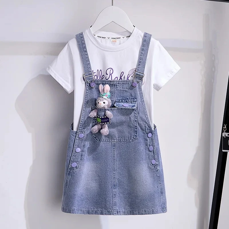 3-15Y Children\'s Dress Set 2024 Summer New Girls\' Cartoon Short Sleeve T-shirt+Dress 2PCS Teenage Girls\' Clothing Set