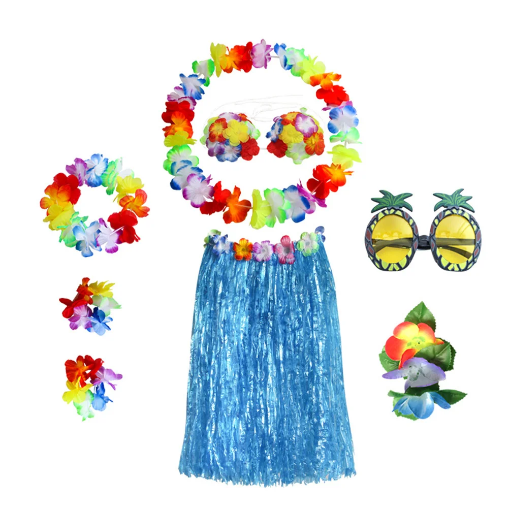 1 set Hawaii Hula Erba Gonna Reggiseno Bracciali Collana Blu Accessorio per feste tropicali Gonna erba Hawaii