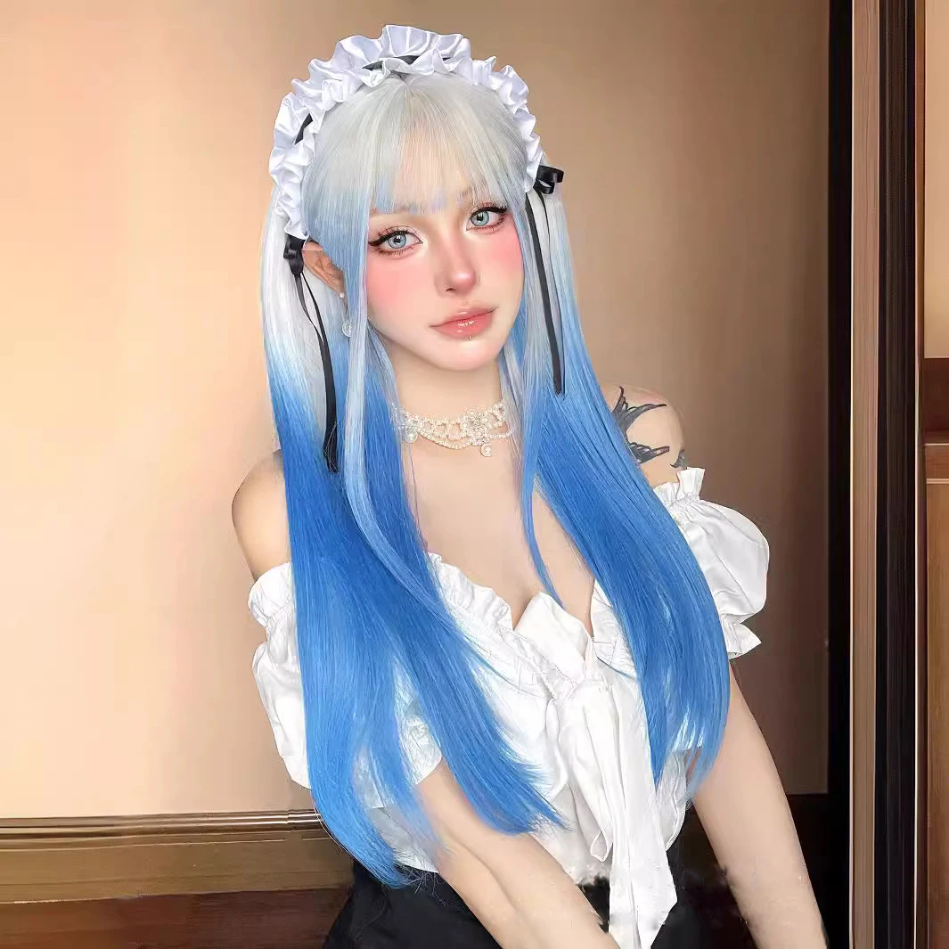 EASIHAIR White to Sky Blue Ombre Syntetyczne peruki dla kobiet Długie proste peruki Cosplay Naturalne włosy Sztuczne włosy Peruki Impreza Halloween