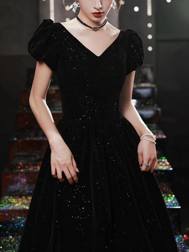 Black Velvet Generous Evening Dresses V-neck Puff Sleeve Cross Lace Up Back Prom Vestidos 2023 Summer Slim Waist Party Dress