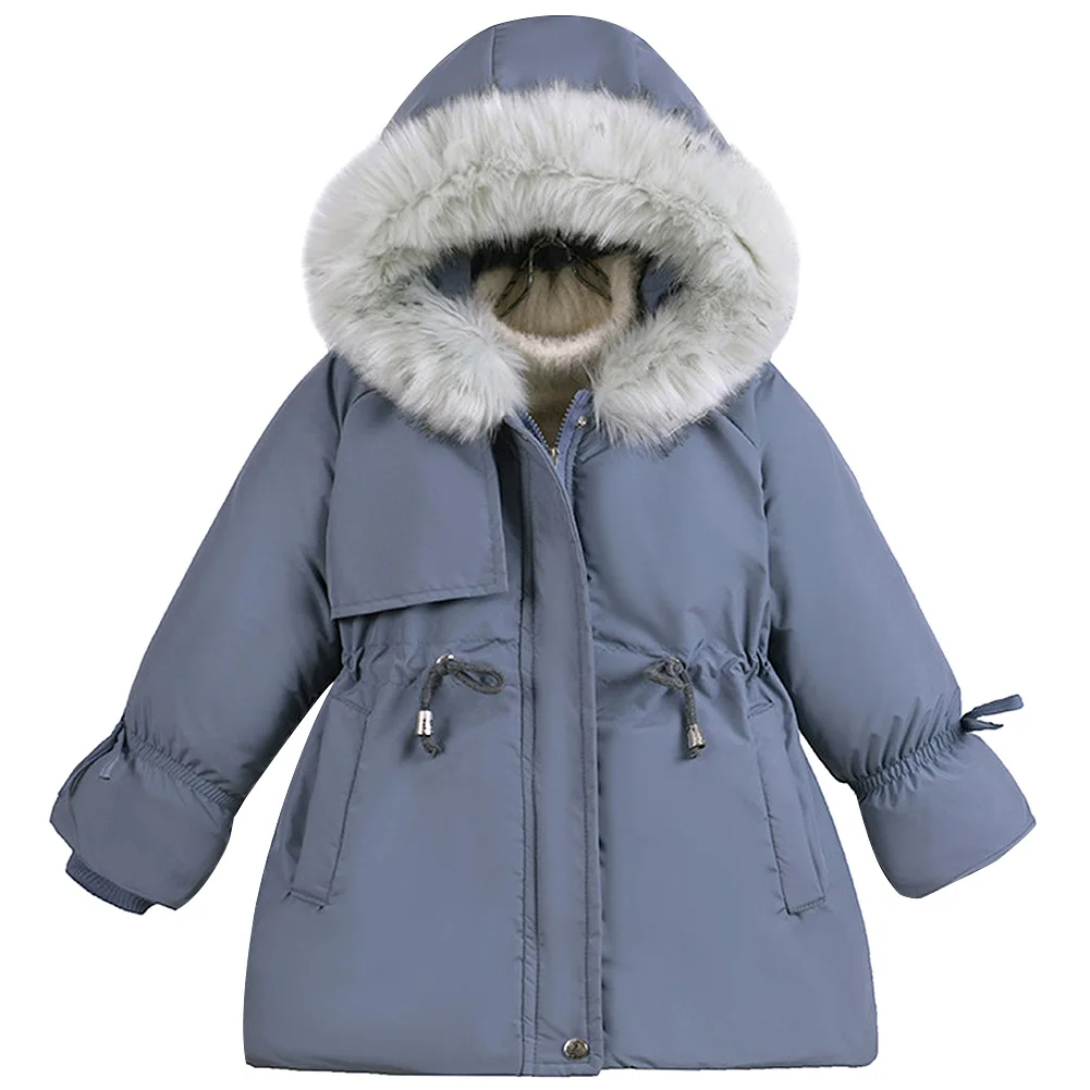 

Children's Girls' Winter Coat Hooded Fur Collar Jacket Belt Drawstring Babies Princess Down Jacket Fleece Thick Warm Parka 2-6T