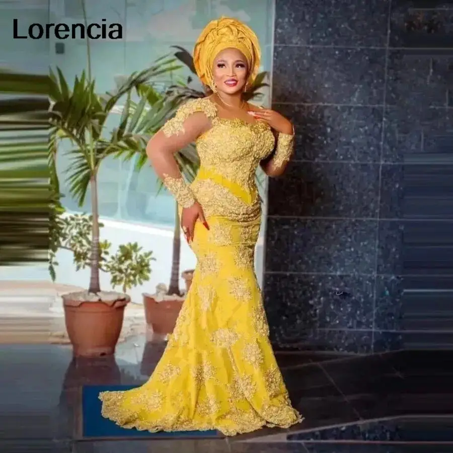 فستان سهرة ساتان مكشكش من Lorencia ، ثوب بأكمام طويلة ، عربي ، Aso Ebi ، أصفر ، حورية البحر مطرز ، فستان حفلة موسيقية ، مناسبة خاصة ، YED08