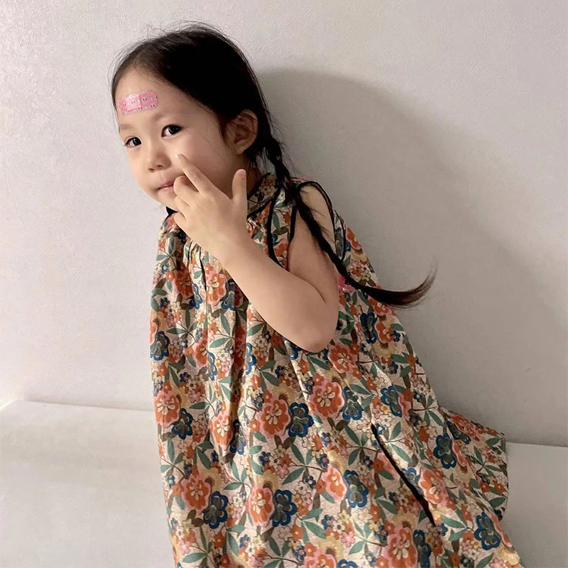 Summer Girl Casual Dress Children Cotton Sleeveless Dresses Kids Printing T Shirt Girls Suspenders Skirt Suit Child Trousers