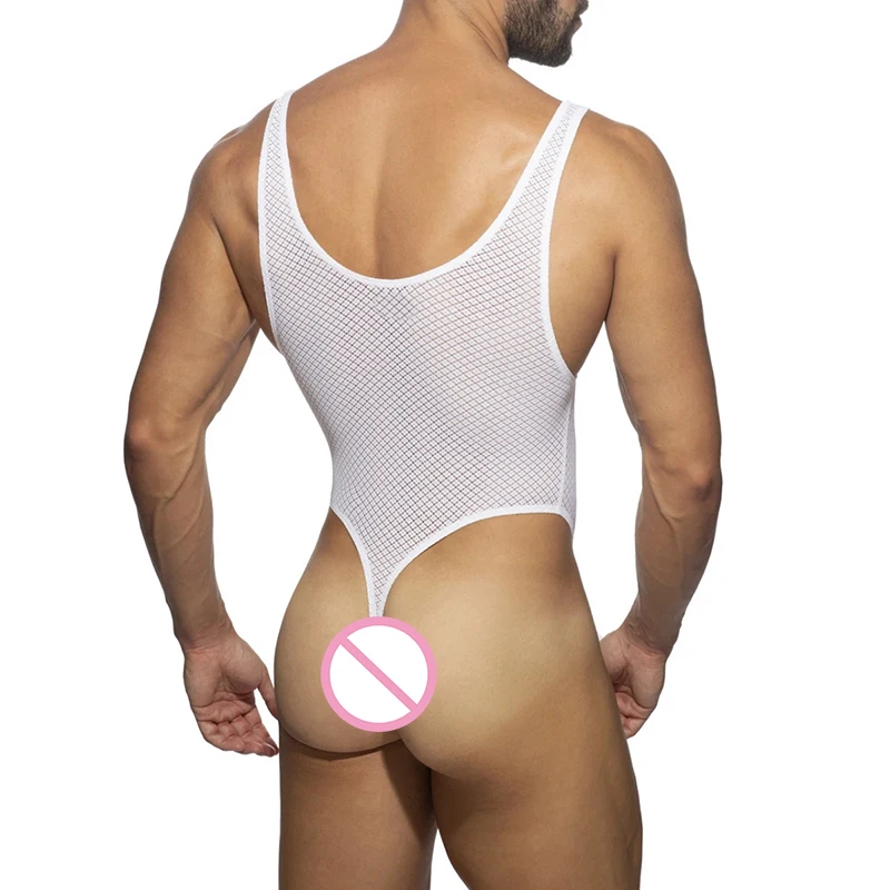 Men Undershirts Sexy Mesh Lace Exotic See Through Bodysuits Wetlook Penis Pouch T-back Gay Jumpsuits Leotard Vest Slip Underwear