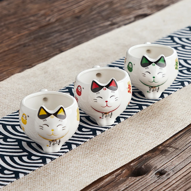 1 Set Maneki Neko Lucky Cat Ceramic Teaware 1 Teapot and 2 Tea Cups Gift Box Porcelain Tea Kettle With Strainer