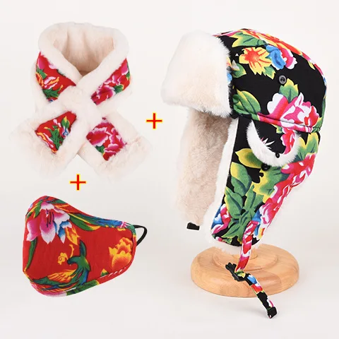 Women's Winter Leifeng Hat with Ear Protection, Chinese Floral Cotton Train Driver Cap, Men's Retro Ethnic Style, Kids Available