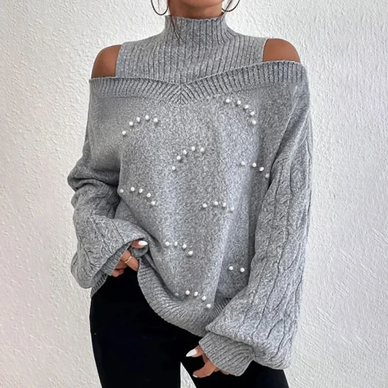 Solid Color Beaded Pullover Knit Sweater, Women's Loose Lantern Long-sleeved Half-turtleneck Casual Knit Sweater, Autumn Winter