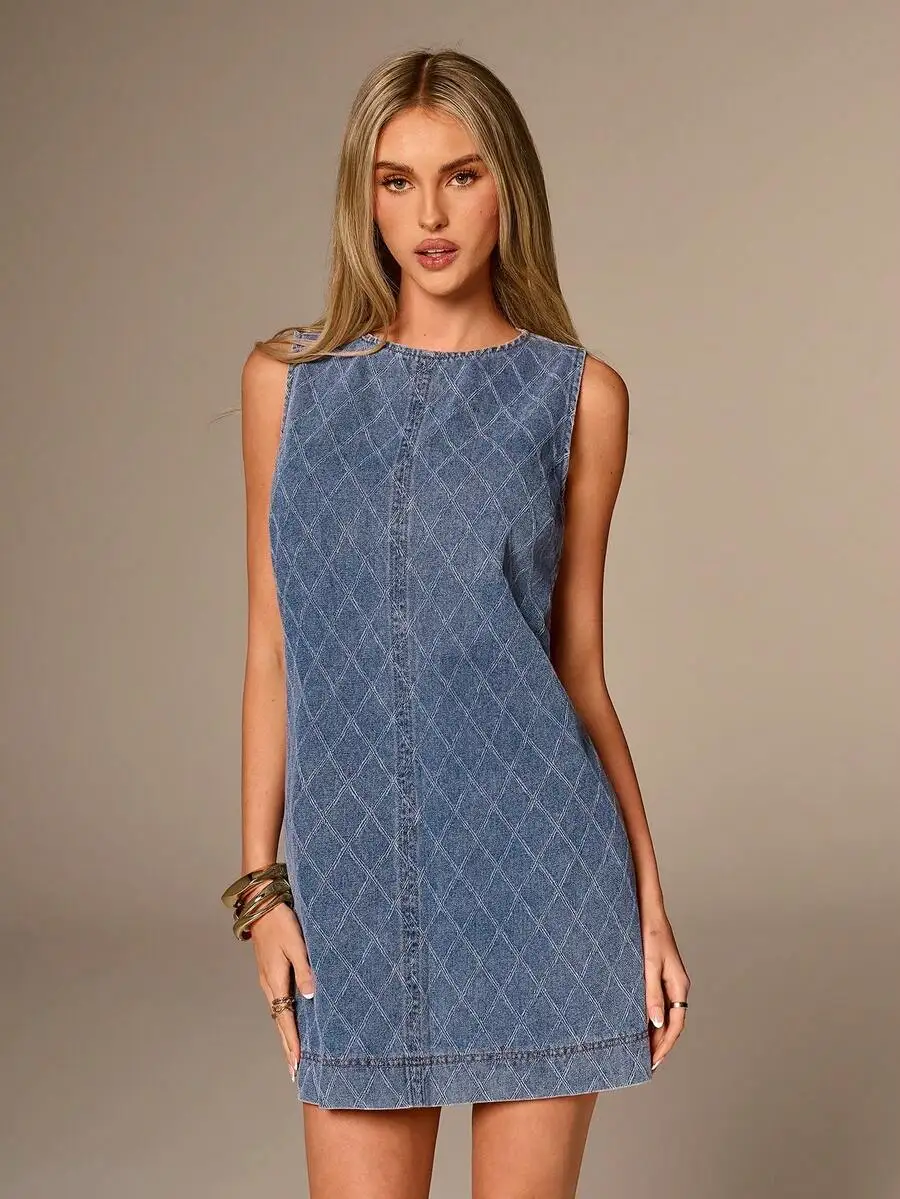 

Denim Mini Dress Sleeveless A-Line Quilted Pattern Blue Women Casual Summer