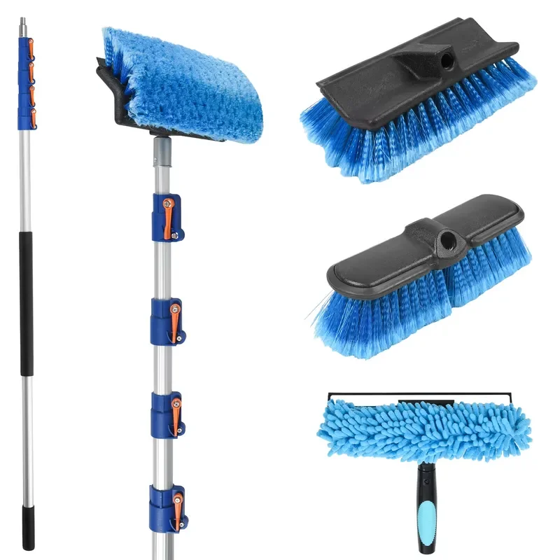 24ft Telescopic Window Cleaning Pole Kit with 3 Removable Brush Heads for High Reach Vehicle Car Washing and House Exterior