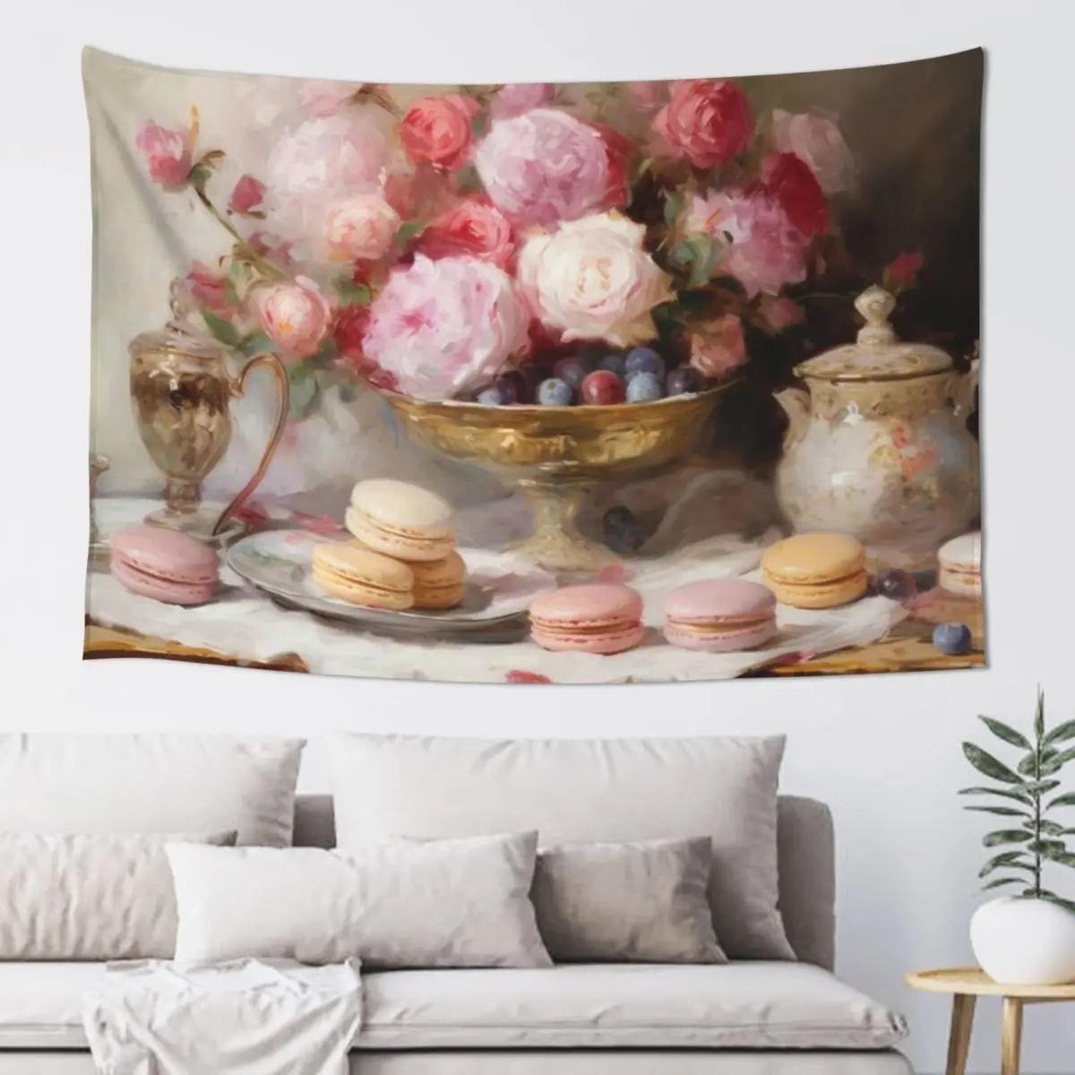 Coquette aesthetic vintage painting of a nature morte with macaroons Tapestry Room Aesthetic Decor Korean Room Decor Tapestry