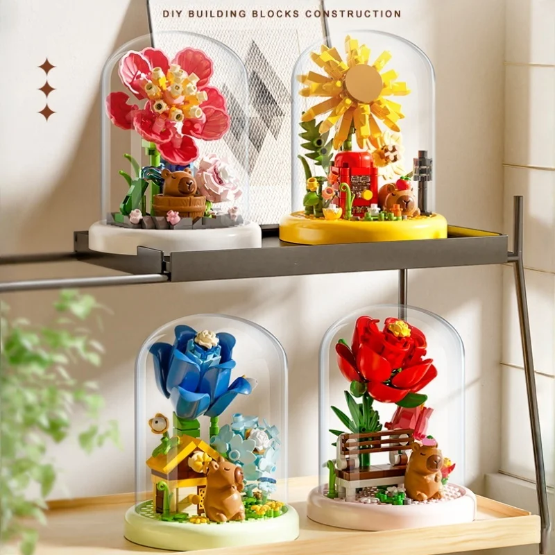 كابيبالا المناظر الطبيعية اللبنات المنزل الحلي الحبيبية الصغيرة تجميع اللعب عباد الشمس توليب الوردي زهرة أبدية نموذج هدية