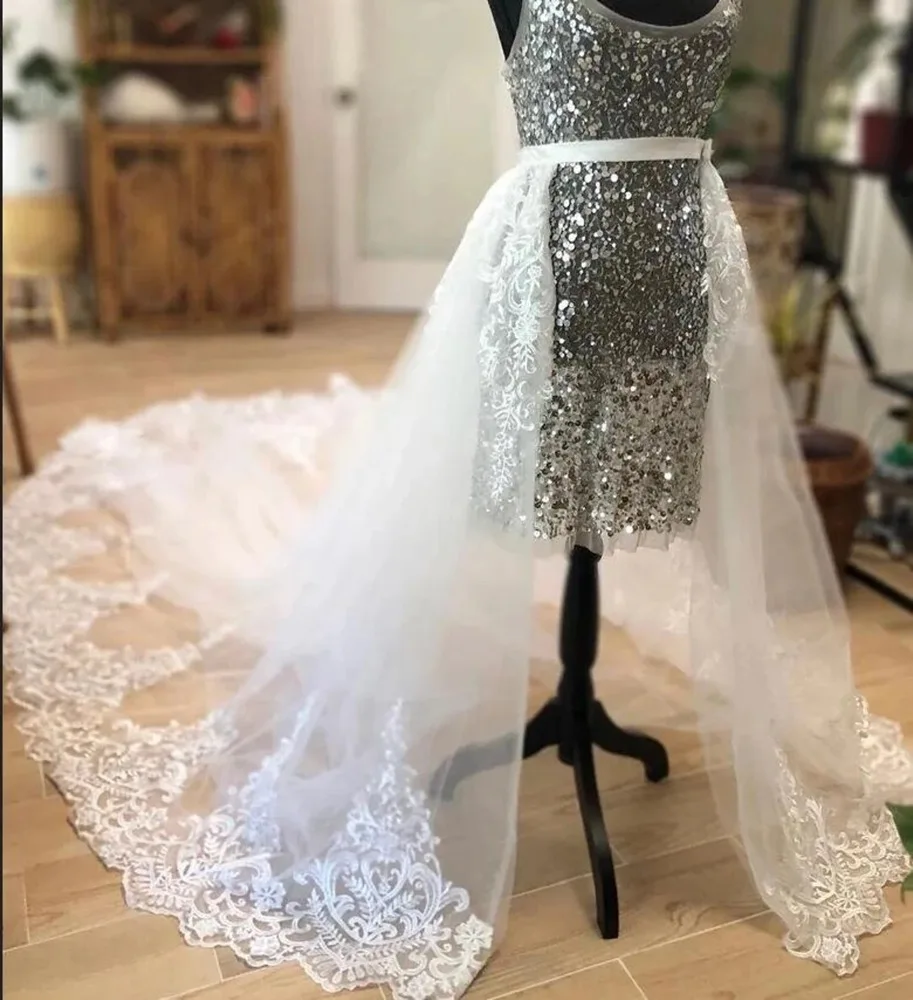 Falda desmontable con Apliques de encaje de lujo para boda, tren extraíble para vestidos de novia, sobrefalda larga