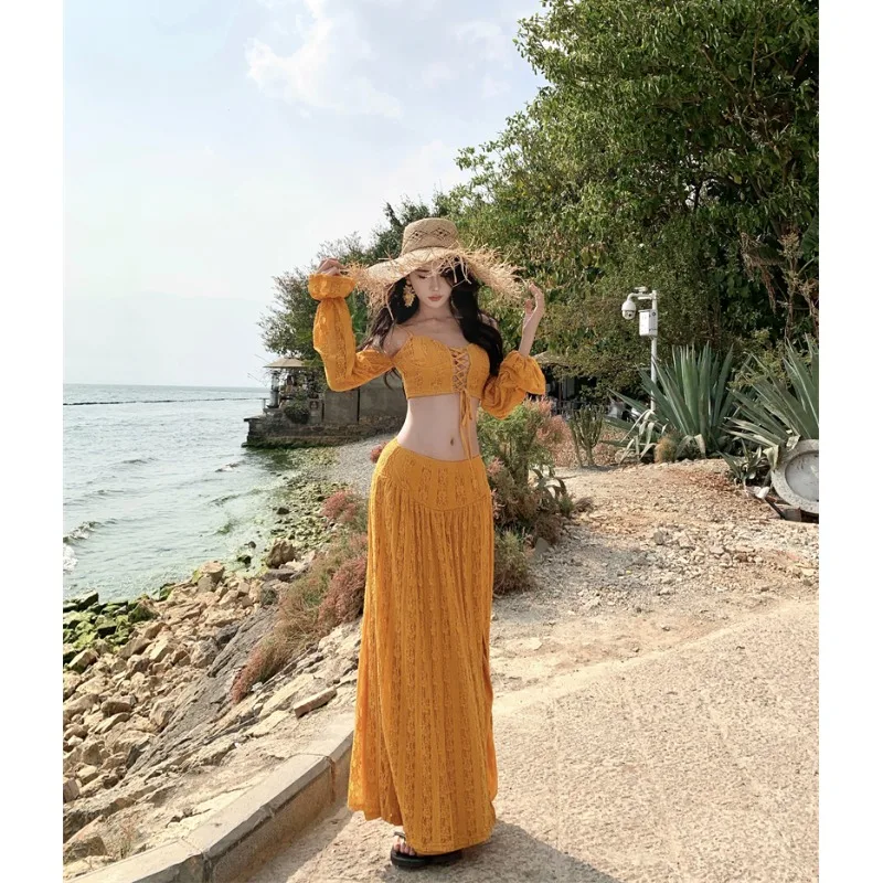 

Desert n Lace Belted Women's Long Dr Beachwear Two-Piece Set Low Waist V-Ne A-Line Skirt Polyester Long Sve