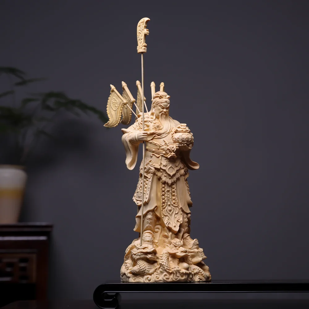 Hand Carved Wooden Guan Gong Statue God of War & Wealth Cai Shen Figurine Ornament Feng Shui Nine Dragons Home Office Desk Decor view 2