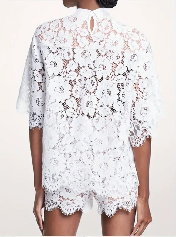 CPSYMYM Two Piece Set Women Outfit Summer Solid Color Polo-Neck Lace Perspective Top Casual Cropped Lace Daily Shorts Set