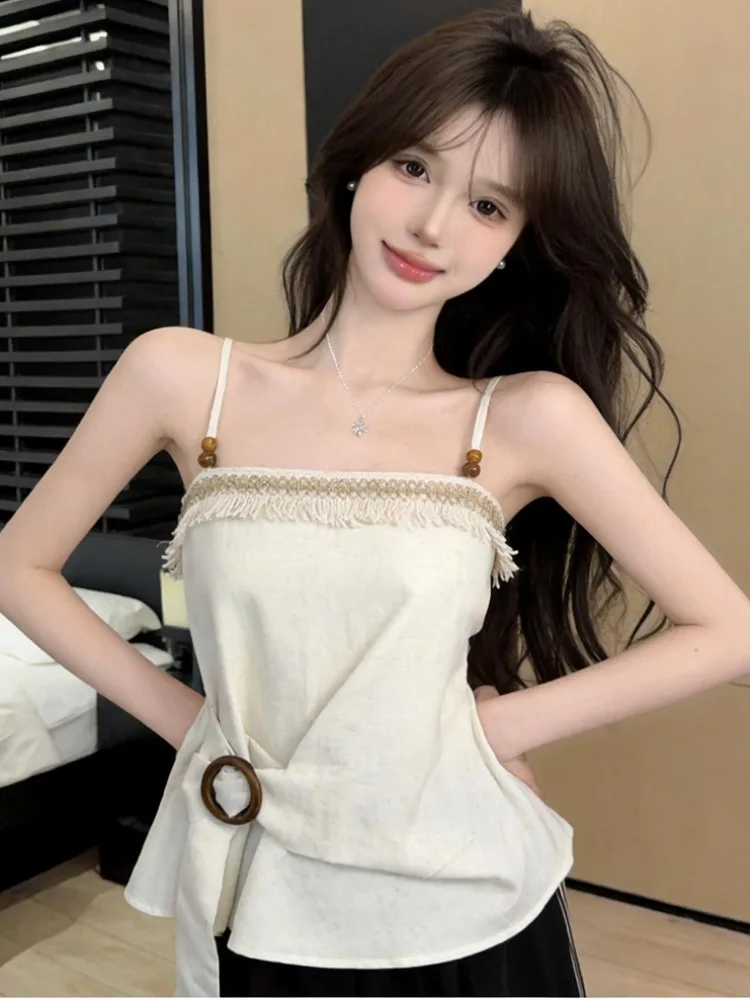 

Elegant Slimming Strap Vest Top Korean Style Knitted Mid-Waist Design Breathable Summer Fashionable Sleeveless Women's Top