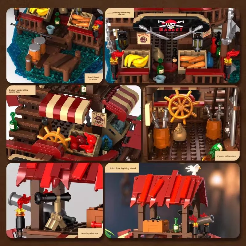 Modèle de château médiéval, blocs de construction du marché de la baie des pirates, briques d'architecture compatibles Street View, jouets éducatifs, cadeaux pour enfants