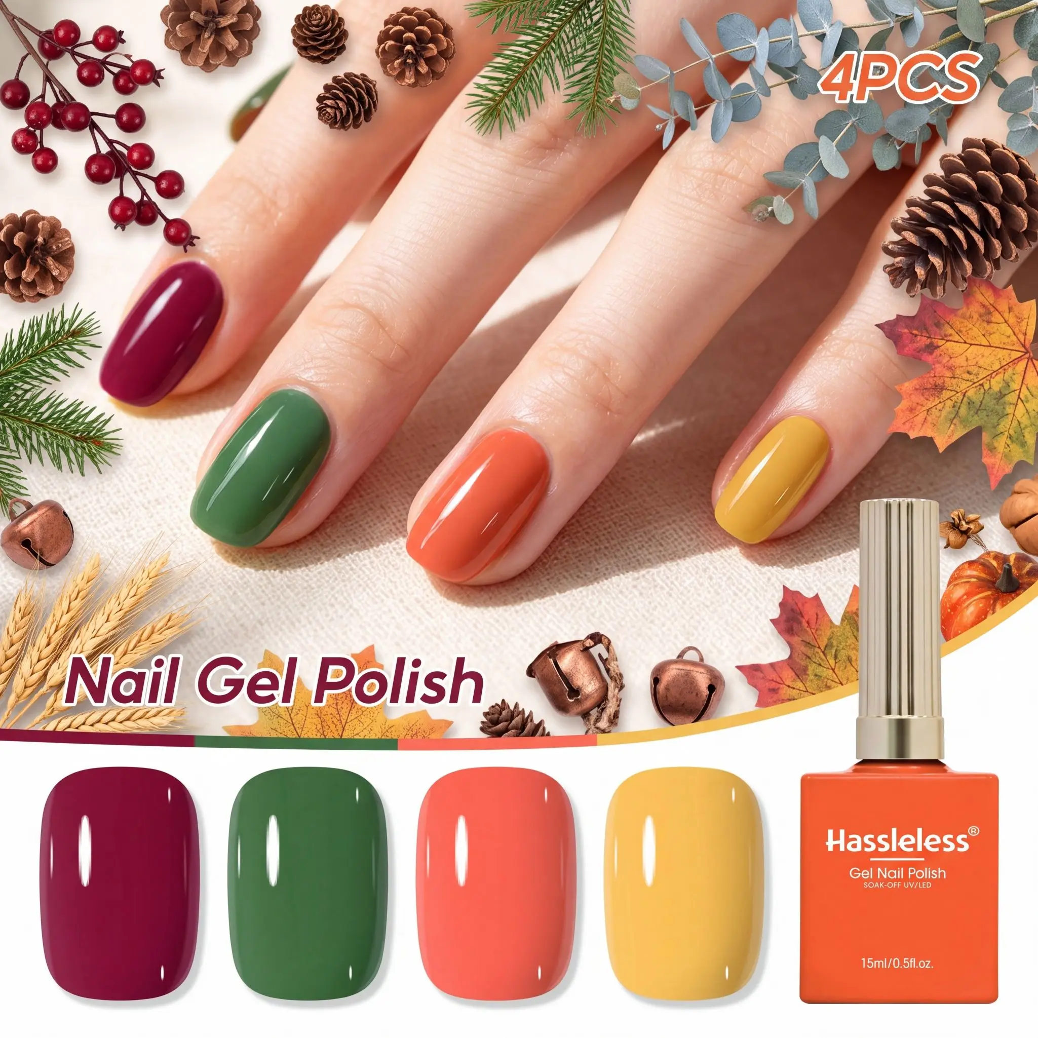 Hassleless 4Pcs Autumn/Winter Harvest 4-Color Nail Art Set, Wine Red, Dark Green, Warm Orange, Ginger Yellow Solid Color Nail Polish, Thanksgiving Party Daily Wear DIY Nail Art Coloring
