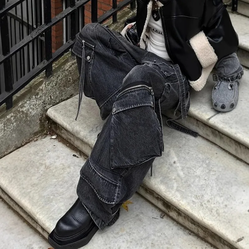 High Waisted Jeans Wide Leg Pants Women Streetwear High-Waist American Retro Multi-Pocket Washed Hip-Hop Pants