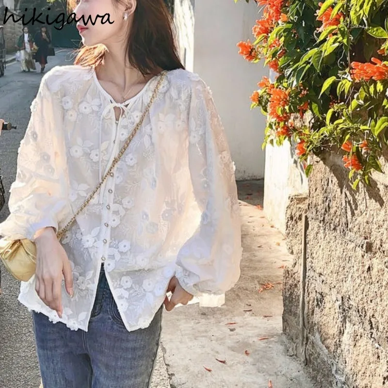 Summer Camisas De Mujer 2024 Bandage O-neck Long Sleeve Blouse Women Clothing Loose Floral Sweet Tops See Through Korean Blouses