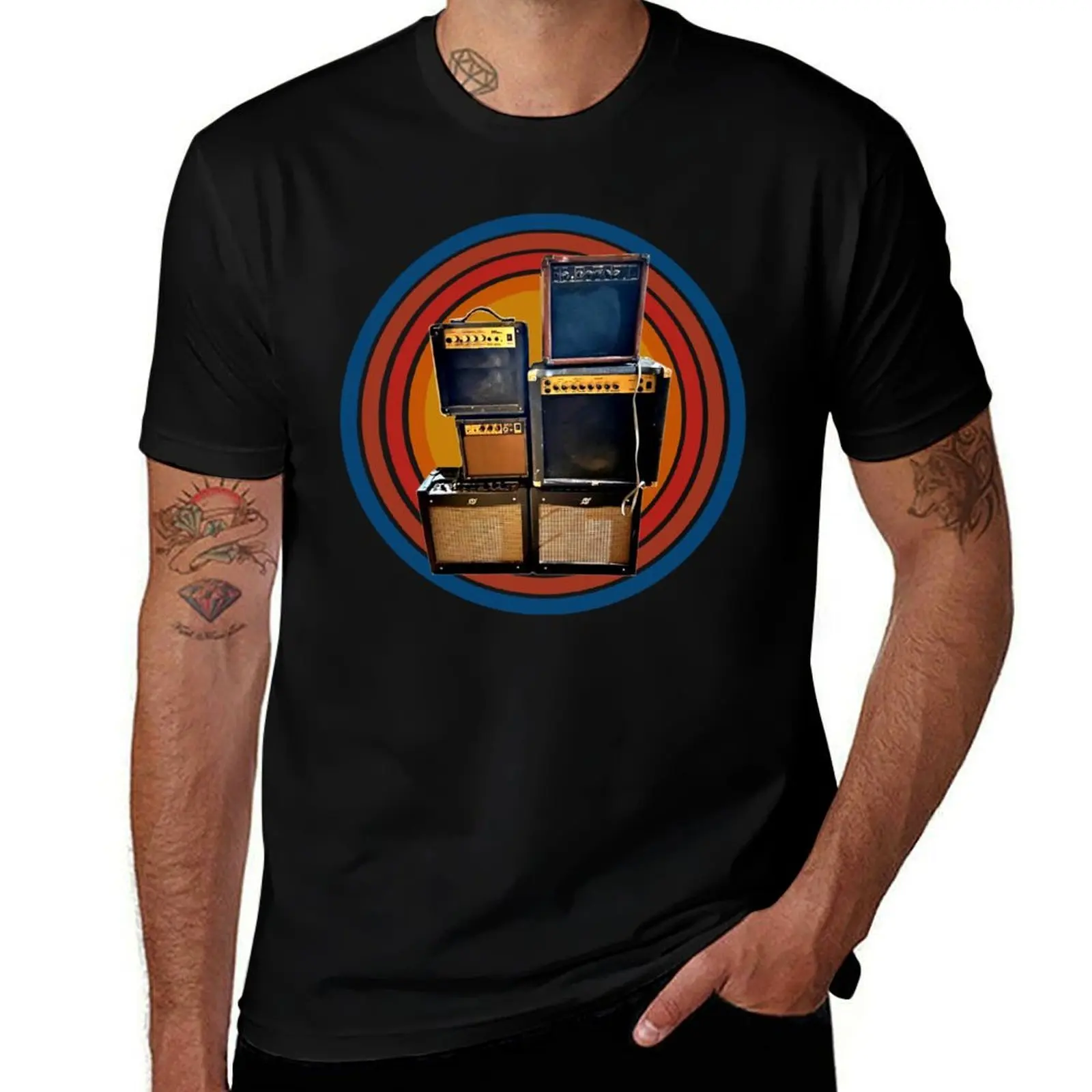 Guitar Amplifiers, Vintage Guitar Amps, Stack of Guitar Amplifiers T-Shirt Basic Solid Color Casual Tee Shirt