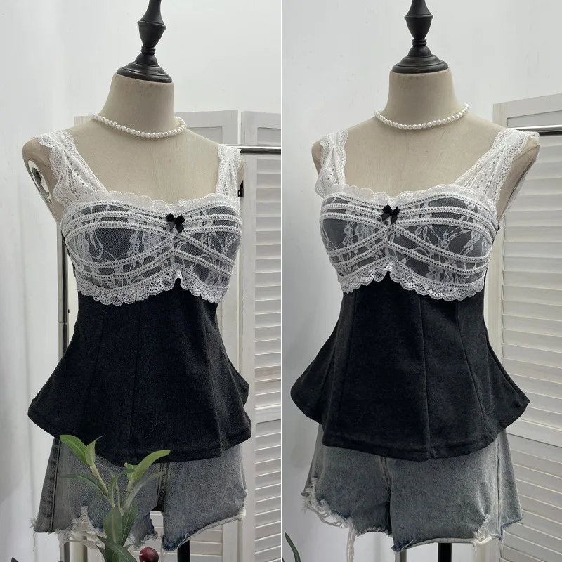Fashionable Women's Clothing ColorBlock Lace Trim Cami T-shirt With Built In Bra Form Fitting Short Elegant Sleeveless Top 9310