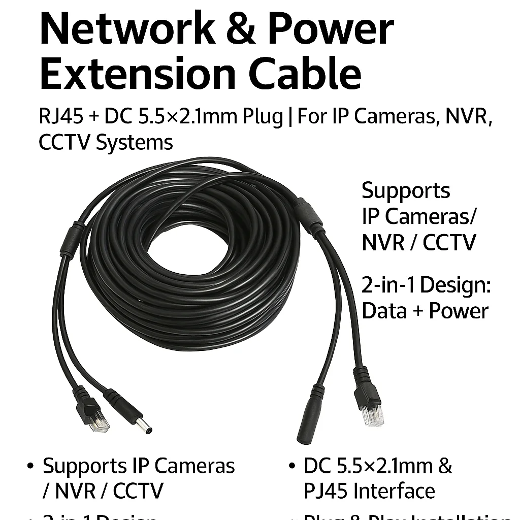 5-50M PoE Network + DC Power Extension Cable | 8-Core Ethernet + 2-Core 5.5x2.1mm Plug |Waterproof for CCTV IP Camera NVR System