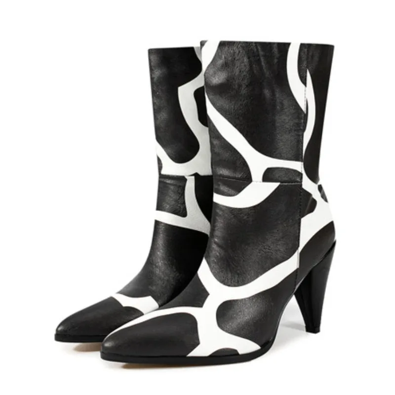 

Bicolor Spike Heels Pull On Fashion Boots Pointed Toe Mixed Colors Plus Size Women Ankle Boots Street Style Runway Show Shoes