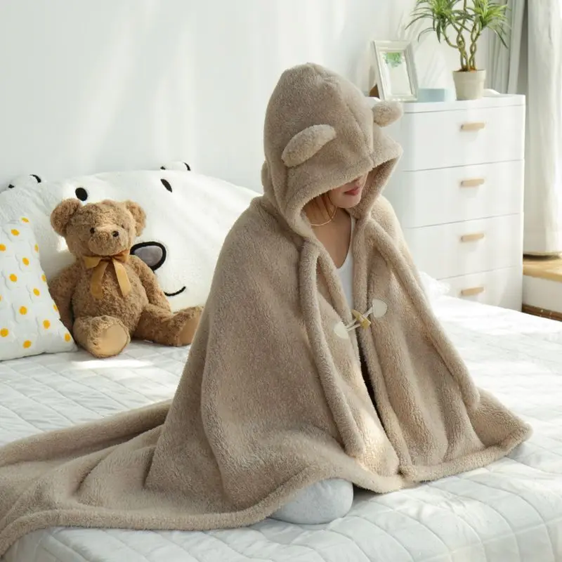 Soft Fluffy Bear Ear Hooded Wearable Blanket Cozy Plush Fleece Shawl Wrap for Adults Kids Bedroom Office Nap Travel Warm Throw