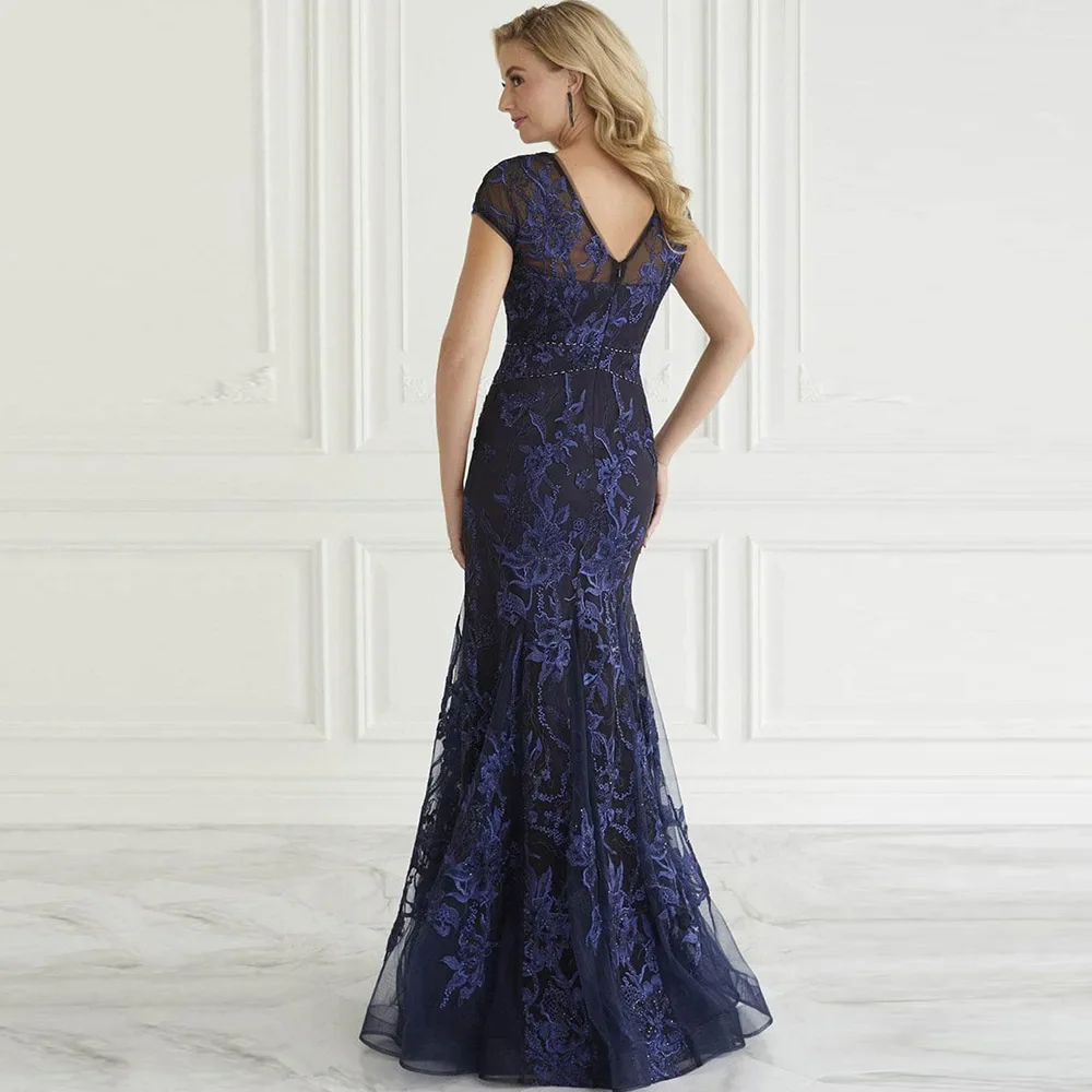 Vestido azul marino de sirena para madre de la novia, cuello en V, manga corta, Vestido largo de fiesta de graduación, apliques de encaje de
