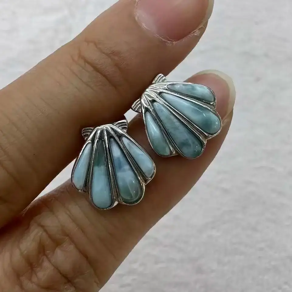 

AAAA Quality Natural Dominica Larimar About12mm S925 Escallop Earrings Fashion Jewelry Female for Men and Women Gift Wholesale