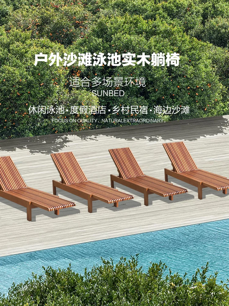 Outdoor seaside swimming pool leisure beach chair Outdoor solid wood two fold recliner