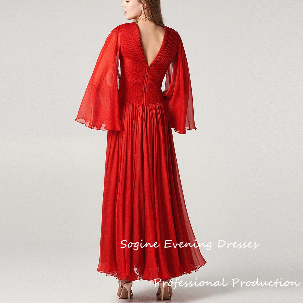 Organza Red A-Line Prom Dresses 2025 V-Neck Ankle-Length Ruched Evening Dress Long فساتين سهرة High Split Платье На Выпускной