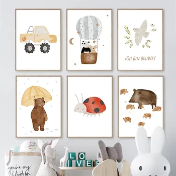 보호 만화 농장 자동차 포스터 인쇄 여우 곰 팬더 풍선 마우스 꽃 멧돼지 캔버스 페인팅 벽 아트, 아기 아이 방 장식 